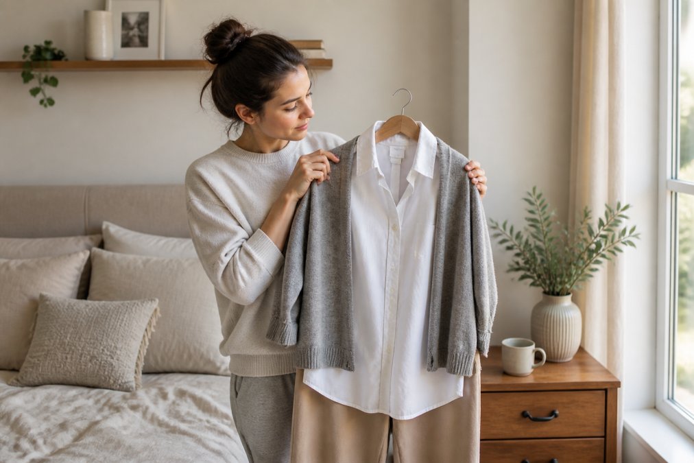 Busy parent in bright bedroom holding up a layered outfit combination (white oversized button-up shirt, grey cardigan, and neutral bottoms) with morning coffee on nightstand