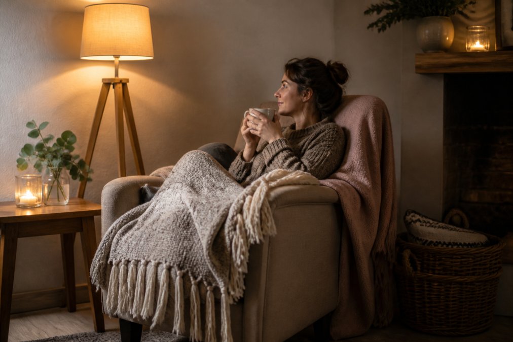 A person relaxing in a comfortable armchair beside a warm floor lamp with soft throw blankets draped over the chair, warm ambient lighting creating shadows on textured walls, a small wooden side table with a warm beverage nearby