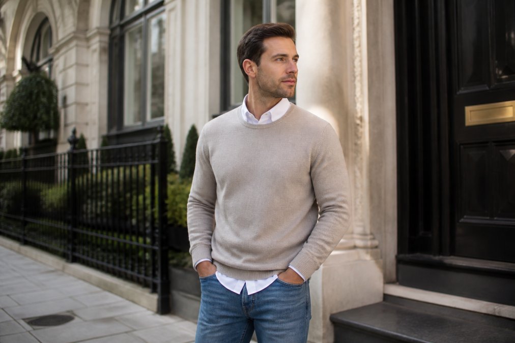 Person wearing a crisp white button-down shirt layered with a neutral crew-neck sweater and straight-leg jeans standing in natural daylight, demonstrating how classic pieces combine for everyday comfort and versatility