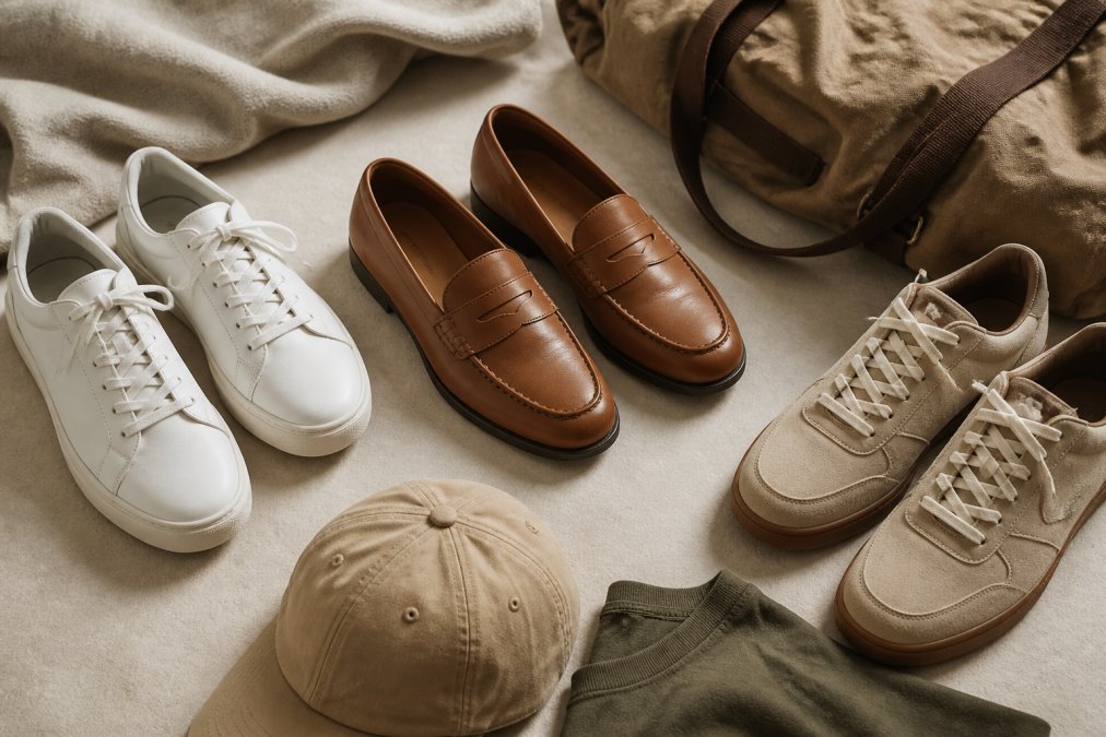Close-up flat lay displaying essential daily footwear including clean white sneakers, brown loafers, and comfortable casual footwear arranged on a neutral background with natural lighting