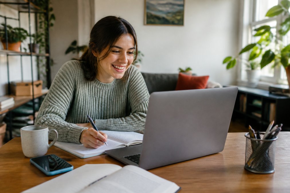 A student sitting at a bright, organized home desk with a laptop, notebook, and a coffee mug, smiling while engaged in an online class during the day