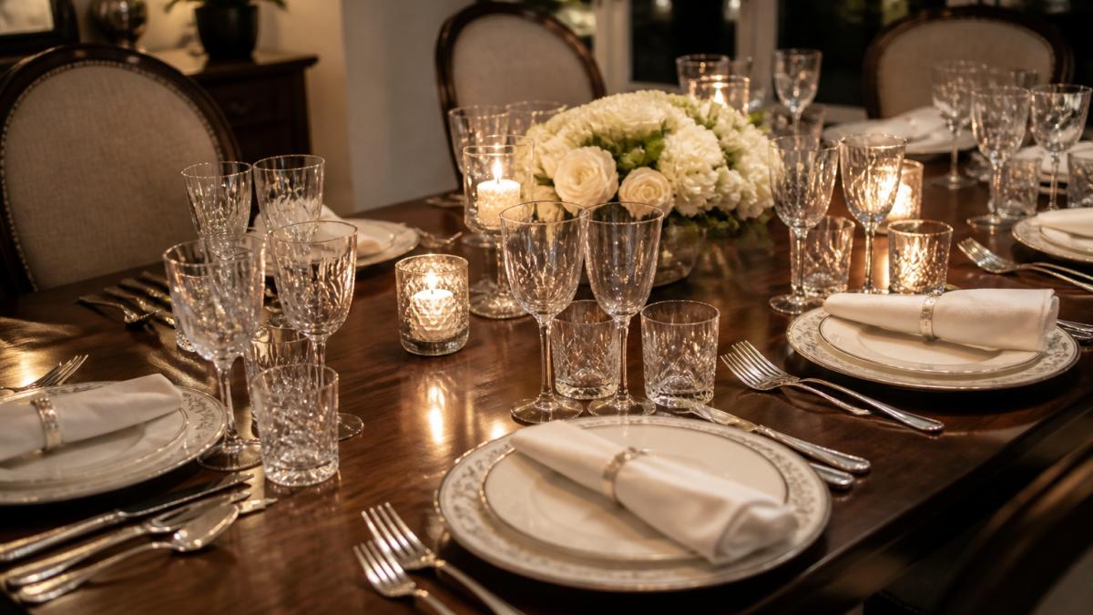 A formally set dinner table with fine china, white napkins folded simply, crystal glassware, polished cutlery arranged correctly, and a low centrepiece of fresh flowers with candlelight in a home dining room with soft evening lighting