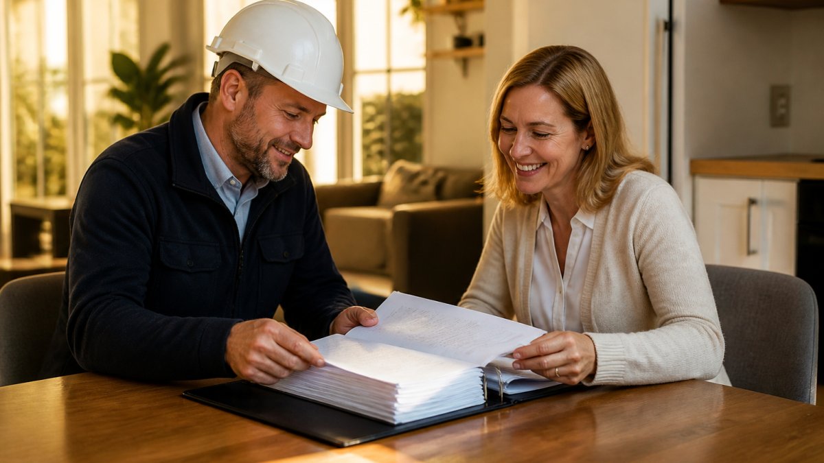 Professional contractor and building owner reviewing organized project closeout documents and manuals together at a desk during final walkthrough handover meeting
