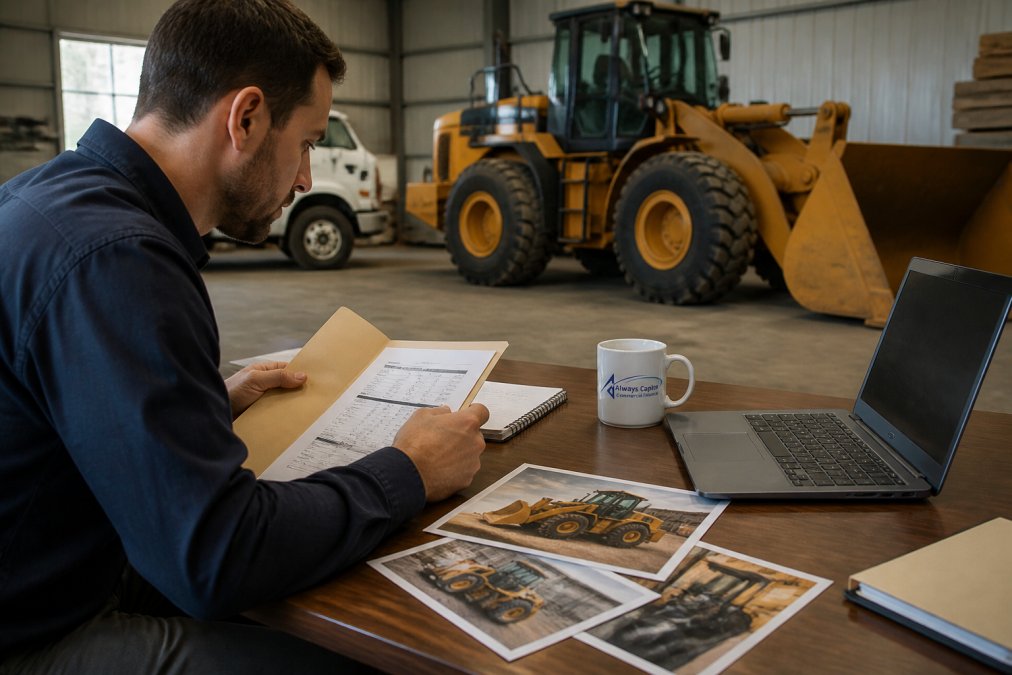 A business owner in a warehouse office reviewing a folder of financial documents and equipment photos on a desk next to a laptop