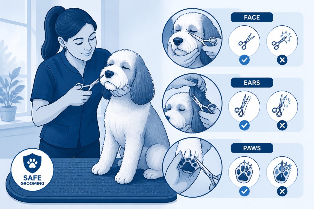 Pet owner gently grooming a calm, relaxed dog's face and ears with proper hand positioning, showing correct technique for handling sensitive areas with grooming shears, the dog sitting calmly on a non-slip mat with natural window lighting