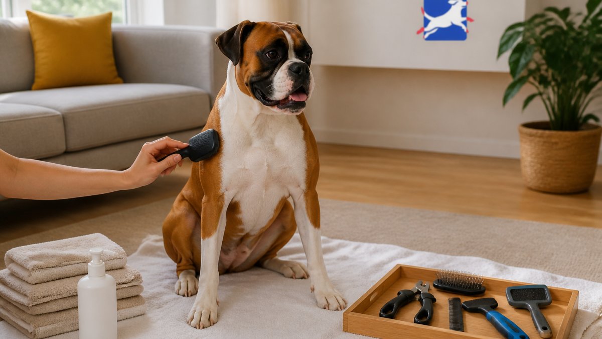 A dog owner gently brushing a medium-sized dog on a towel-covered floor in a bright living room, with a small tray of grooming tools nearby