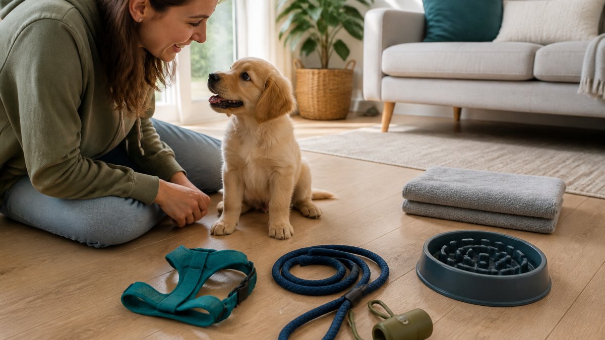 A puppy sits on a living room floor next to a harness, leash, slow feeder bowl, towel, and waste bag dispenser.