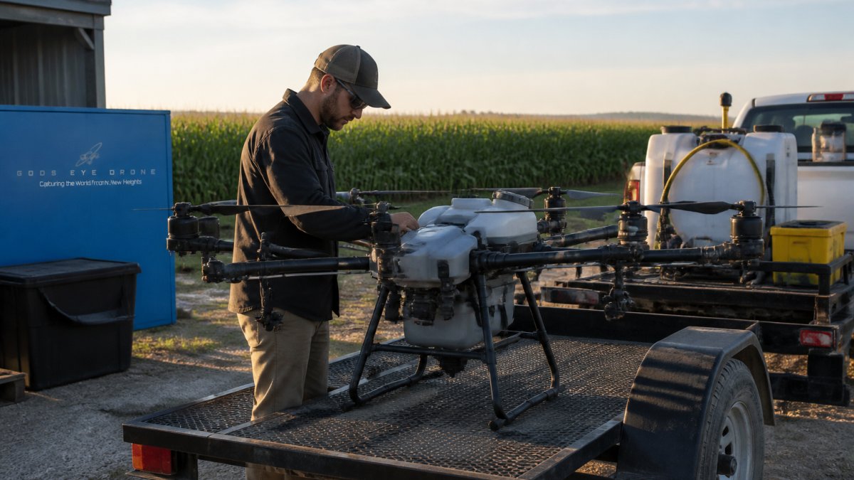 Professional agricultural drone operator performing pre-flight inspection of spray drone mounted on field trailer in morning daylight with equipment visible