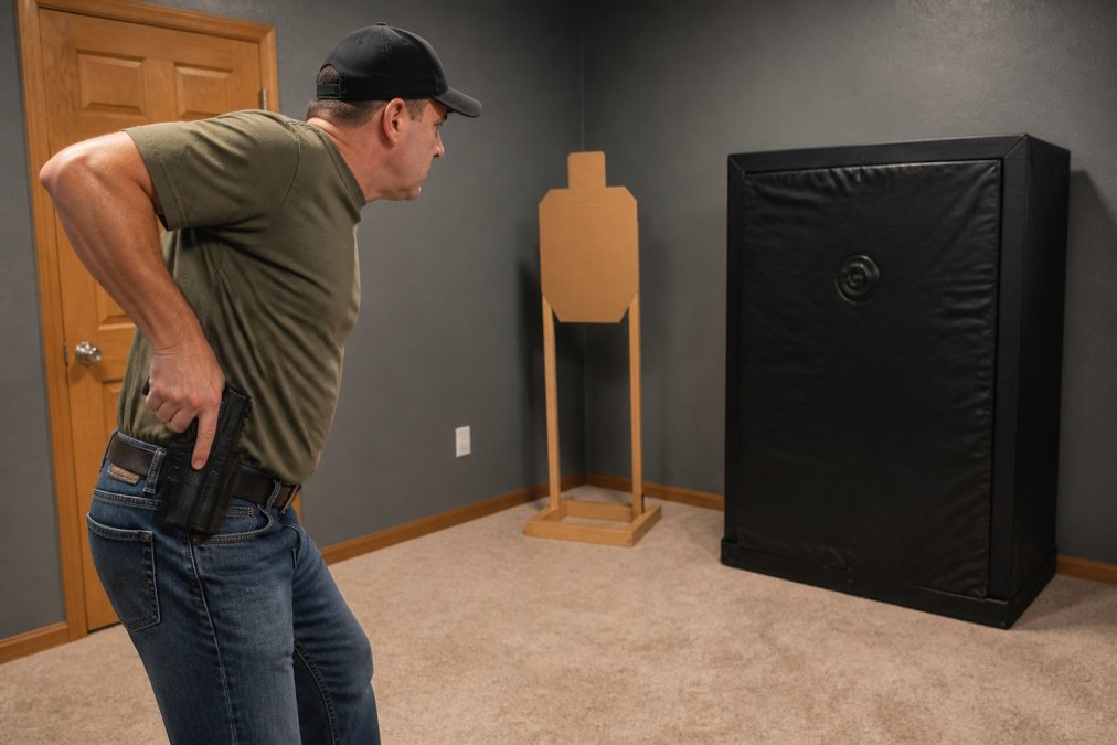 Person performing a draw stroke during a dry fire practice session at home