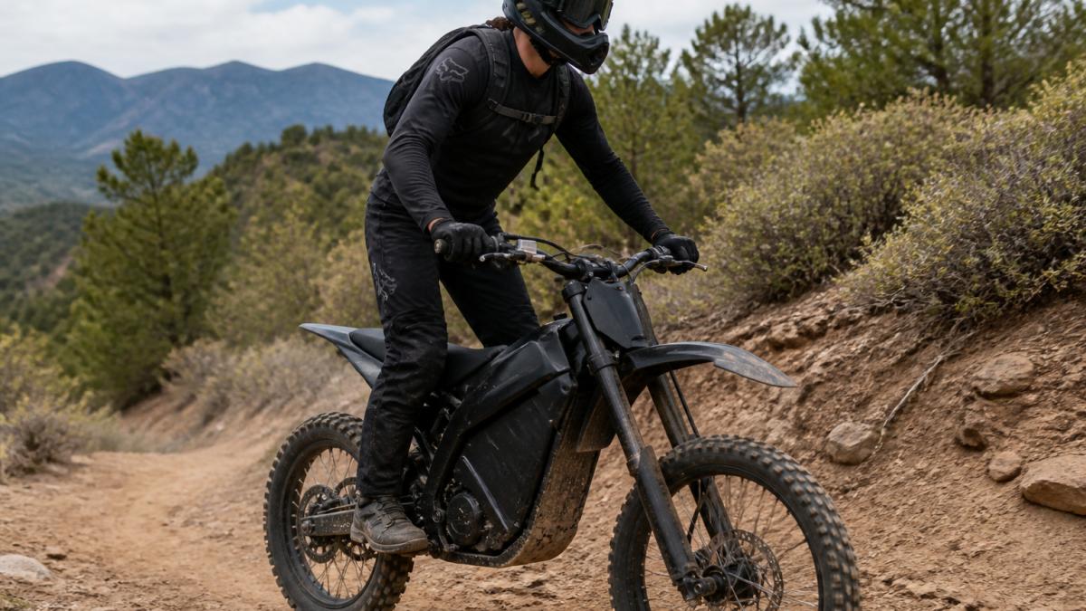 Rider on an electric dirt bike in standing position on a trail, demonstrating proper cockpit posture with upgraded handlebars and grips visible, natural outdoor lighting