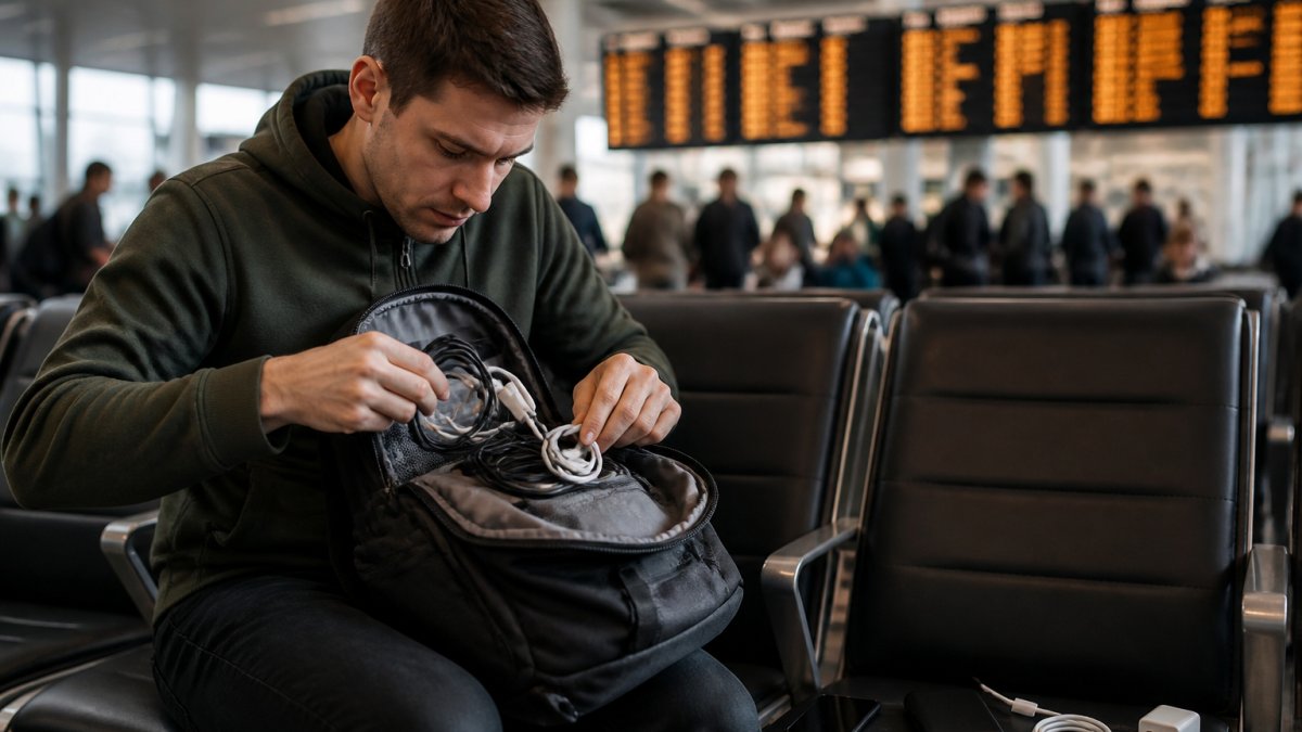 Traveler at an airport gate organizing charging cables and a power bank from an open backpack near a departure board