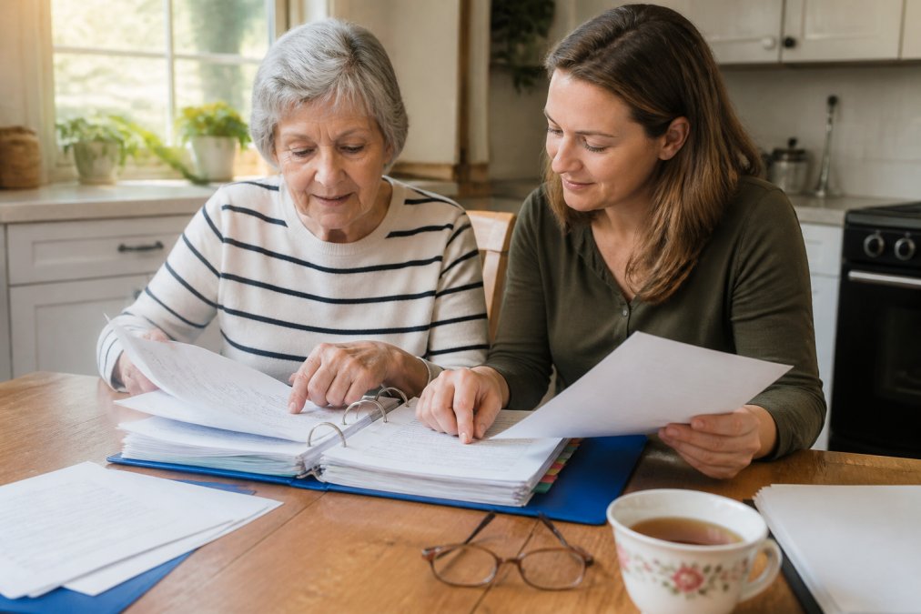 An elderly woman and daughter organizing emergency documents for seniors into a labeled three-ring binder.