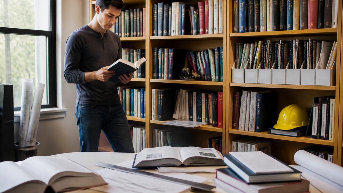 Engineering student studying with open technical reference books and a laptop at a sunlit desk