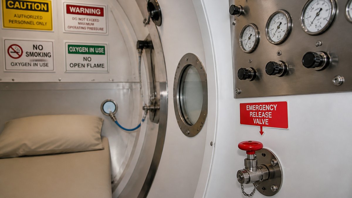 Interior view of professional hyperbaric chamber showing control panel with pressure gauges, emergency release valve clearly labeled, and safety signage visible on chamber walls