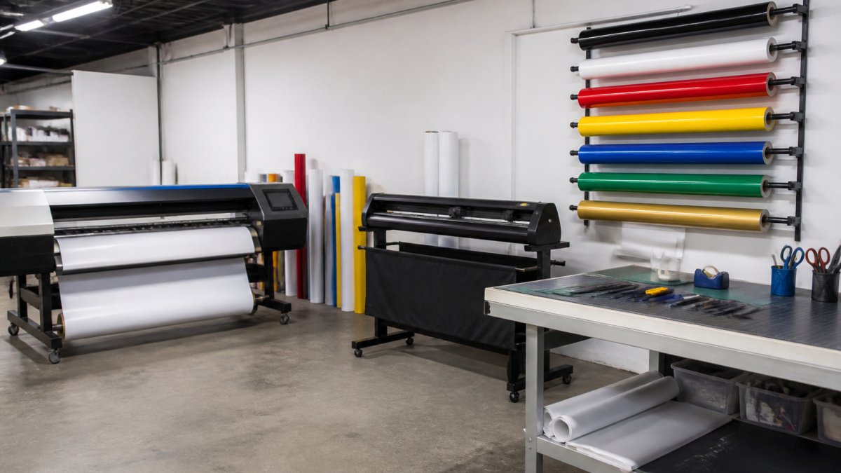 Diagram illustrating the efficient layout of a professional sign shop workspace with printer, cutter, and tools.