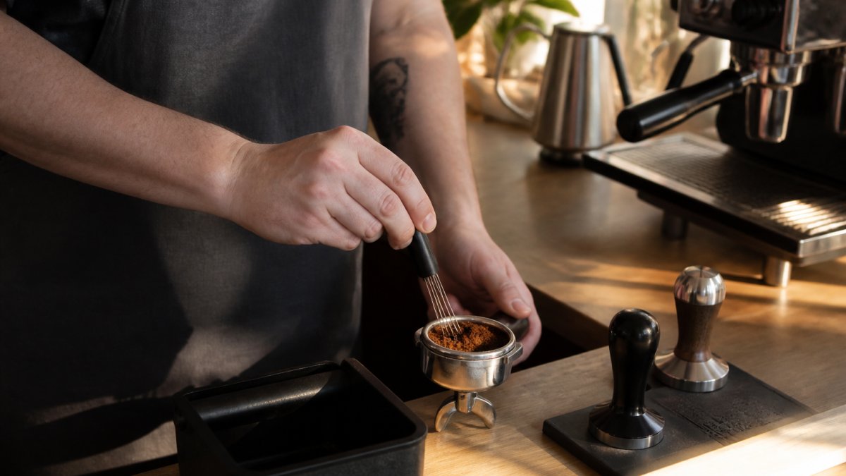 Close-up of a home barista's hands using a needle distribution tool to break up clumps in a portafilter filled with fresh espresso grounds on a kitchen counter