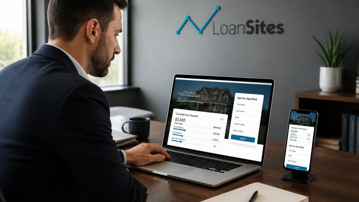 A mortgage broker at a modern desk reviewing a laptop screen showing a website with a calculator and lead form, with a smartphone displaying a mobile version of the same site nearby