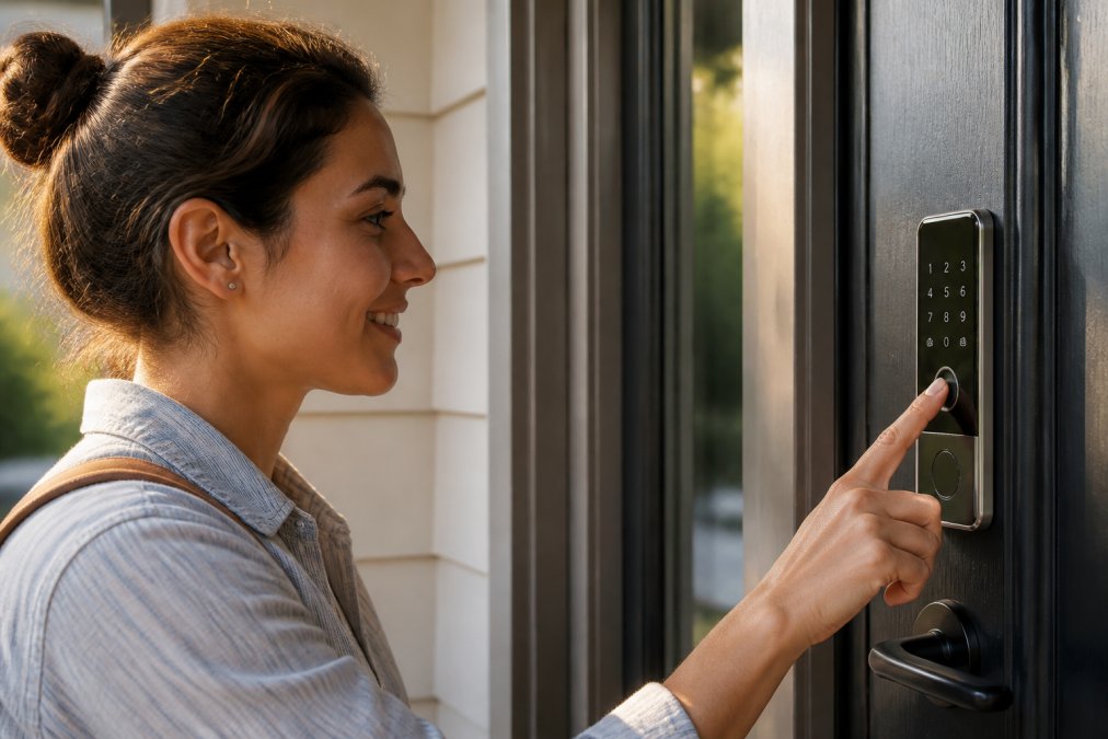 Close-up of a person's index finger pressing the fingerprint scanner on a modern smart door lock mounted on a residential front door, soft natural afternoon light