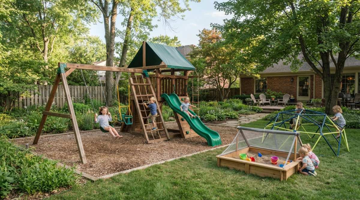 Feature overview showing A well-designed residential backyard with multiple play structures including a wooden swing set, ...