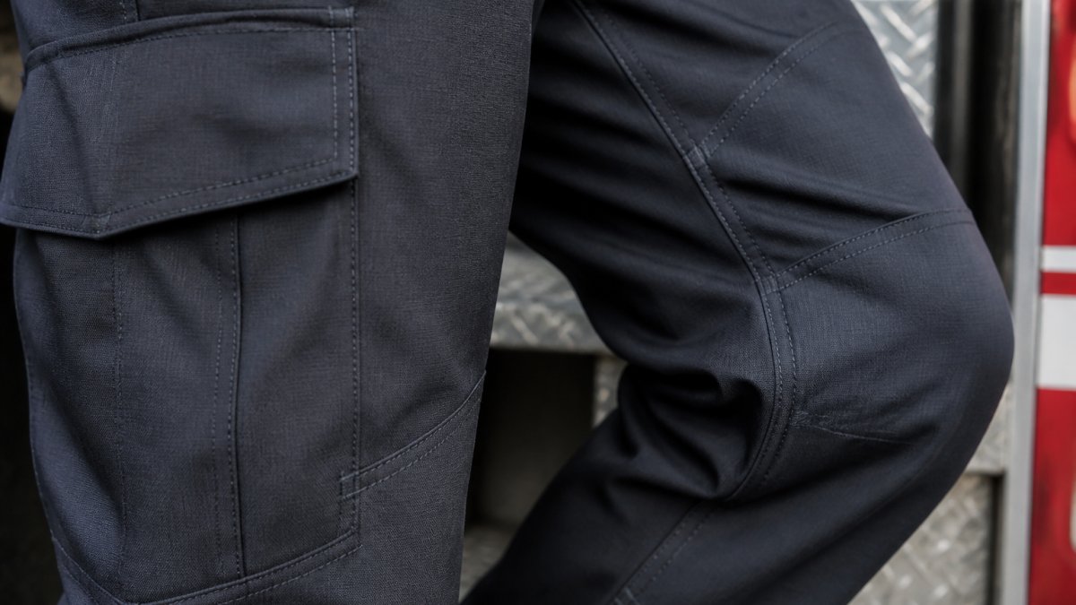 Close-up of firefighter station pants showing visible bar-tack reinforcement stitching at knee area, pocket corners, and seam stress points with detailed thread pattern on dark fabric