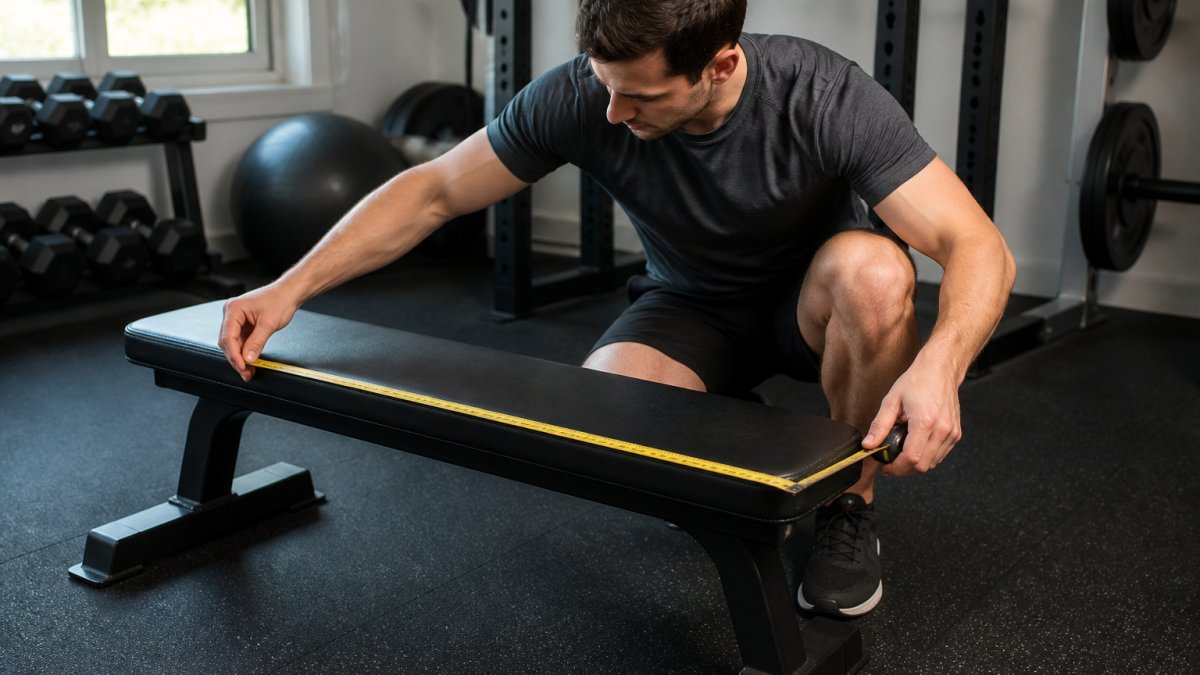 A person measuring the length and width of a weight bench with a tape measure in a home gym setting, showing the bench pad and frame clearly