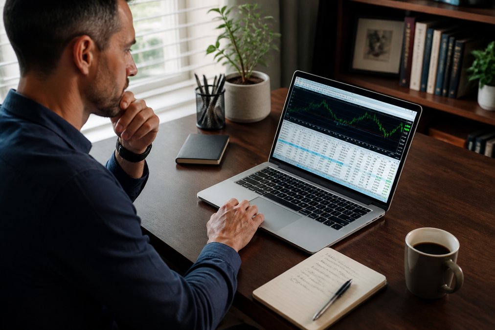 A trader reviewing backtesting results on a laptop screen with multiple charts and data, sitting at a home office desk with a notebook and coffee nearby