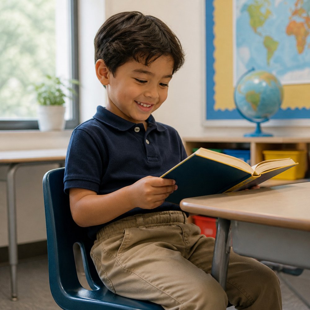 Smiling child in a soft, tagless polo and elastic-waist pants reading a book at a classroom desk