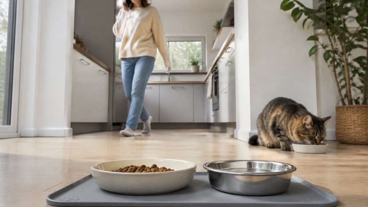 A ceramic cat food bowl with a wide, shallow profile beside a stainless steel bowl, both on a splash-proof feeding mat in a bright home kitchen, with a cat eating comfortably in the background