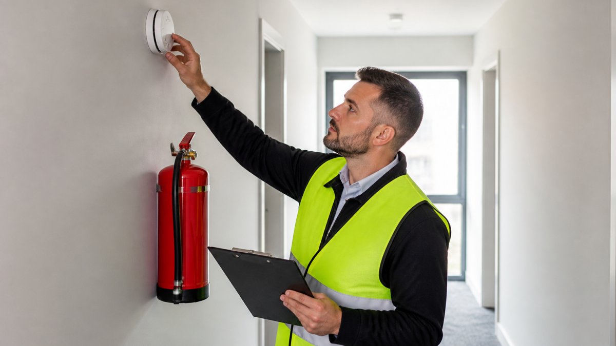 Building manager inspecting fire safety equipment in a residential hallway