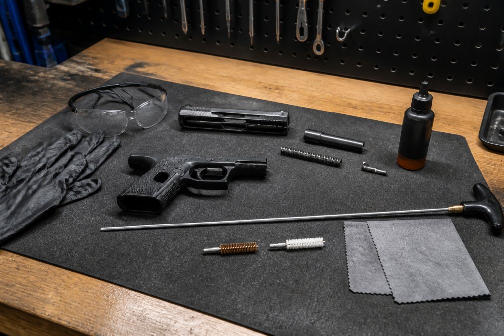 A shooter's workbench with a disassembled firearm, cleaning rod, brass brush, solvent bottle, and microfiber cloth laid out on an oil-resistant mat, with protective eyewear and gloves nearby