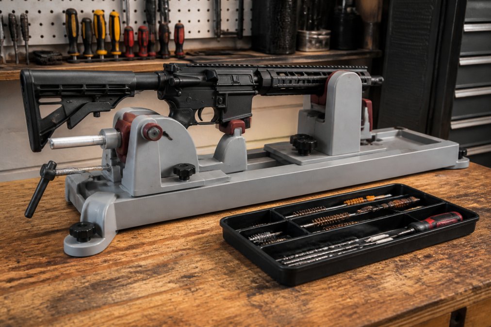 A firearm secured in an adjustable gun vise on a workbench with cleaning tools organized in a nearby tray, showing the stable setup for maintenance work