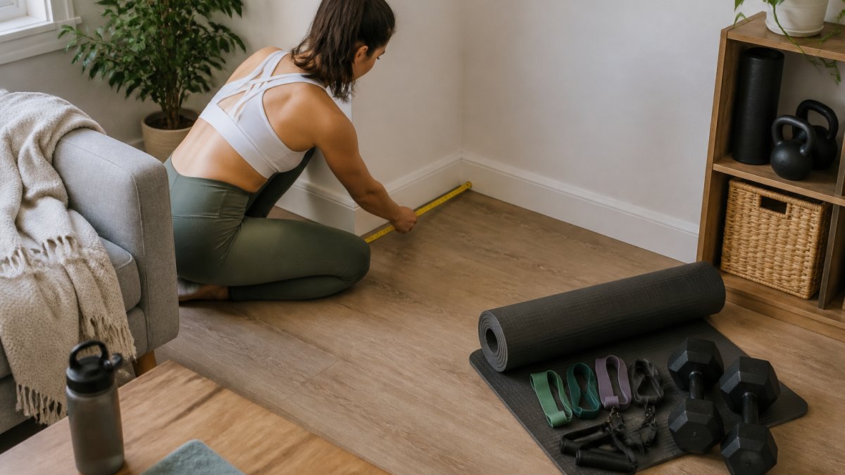 A person measuring a corner of a living room with a tape measure, with a compact exercise mat and resistance bands nearby, showing a space-saving home gym setup
