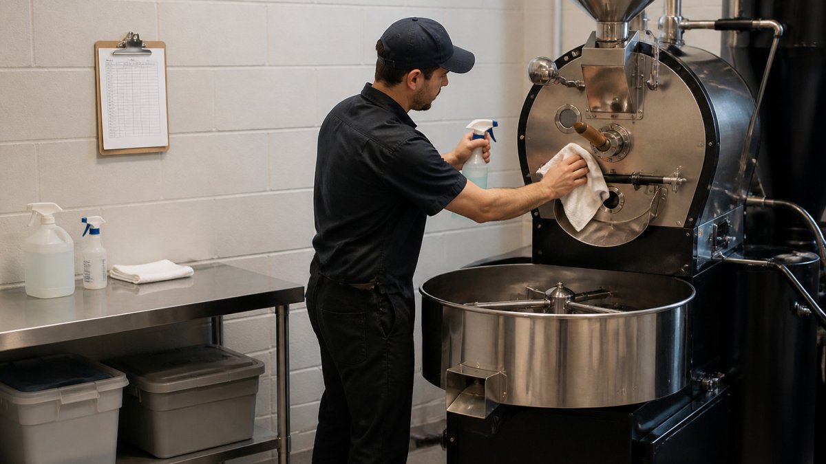 Roaster wiping down stainless steel equipment to comply with food safety regulations in a commercial facility