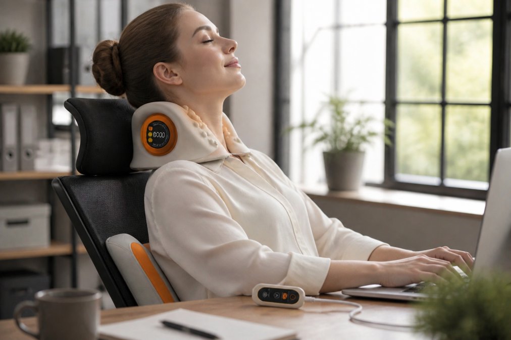 Professional woman at modern ergonomic desk setup with cervical support pillow, back cushion visible, demonstrating proper posture with natural window lighting in contemporary office space