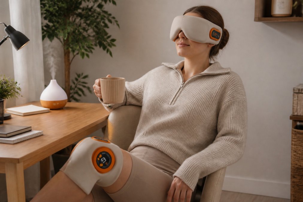 Professional using heated migraine mask and thermal knee wrap simultaneously while resting at home office desk, demonstrating wellness recovery routine with soft ambient lighting