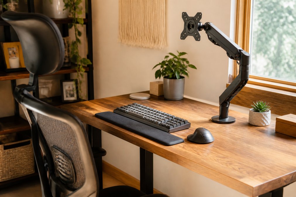 A tidy home office desk with an ergonomic chair, monitor arm, mechanical keyboard, and wrist rest pad arranged neatly, photographed in warm natural light streaming through a nearby window