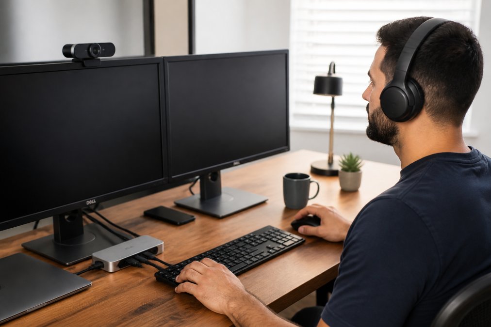 A professional working from home at a clean desk with a USB-C docking station, noise-canceling headset, and webcam visible, engaged in a video call on a dual-monitor setup in a well-lit home office