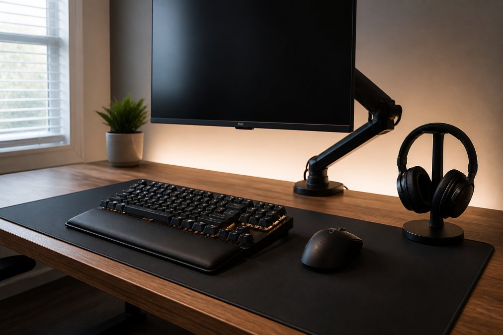 Modern pro gaming setup with mechanical keyboard, wireless mouse, and soft bias lighting on a clean desk.