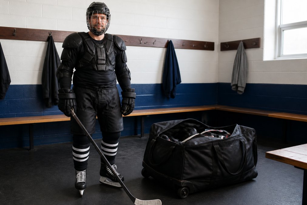 A man in his late 30s, fully dressed in hockey gear including helmet with cage, shoulder pads, and gloves, standing next to an open wheeled gear bag in a bright locker room