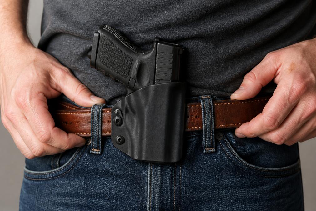 Close-up of a person's hands attaching a molded IWB holster to a sturdy leather gun belt at the waistband, with a compact 9mm pistol seated firmly in the holster, shot against a clean neutral background