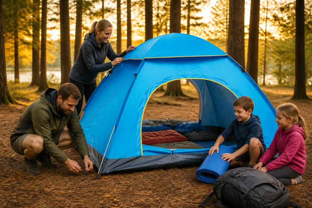 Family of four setting up a spacious tent at a wooded campsite during golden hour, with sleeping pads and gear visible inside the tent, trees in soft-focus background