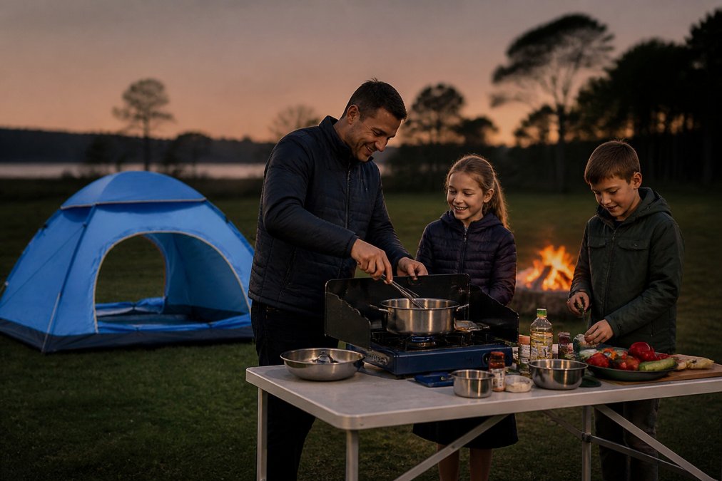 Parent and two children preparing a meal at dusk around a camp stove on a folding table, with cookware, utensils, and fresh ingredients arranged nearby, warm firelight in background