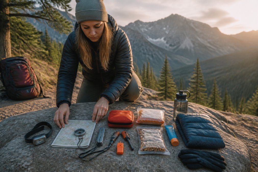 Hiker laying out essential gear for mountain safety on a rock at a scenic alpine trailhead.