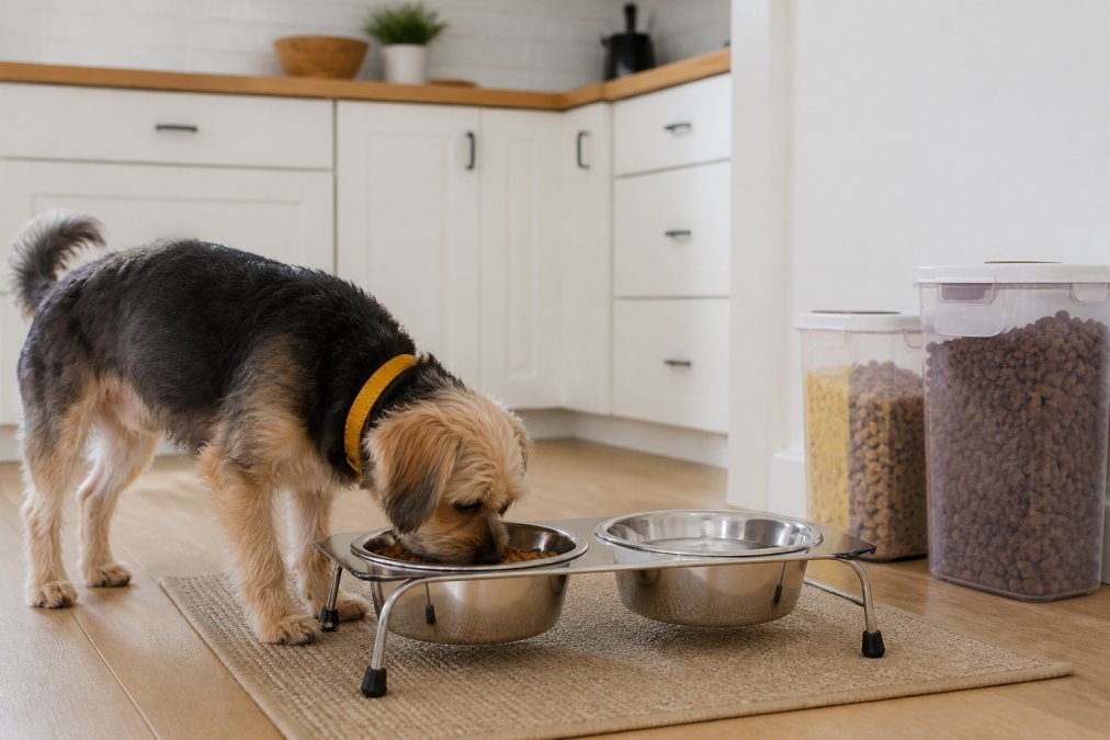 New dog owner setting up a stainless steel feeder station in a bright kitchen with fresh water bowls, dog food containers, and a clean floor mat
