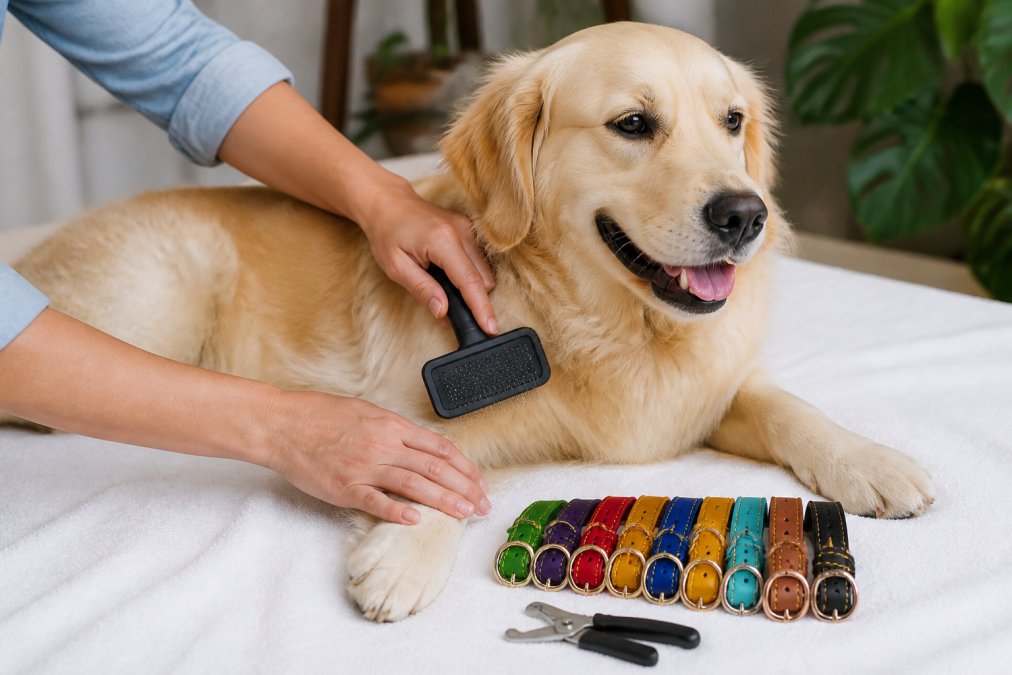 Pet owner grooming a dog with a slicker brush and nail clippers on a clean white towel, showing gentle hand placement and the tools laid out neatly