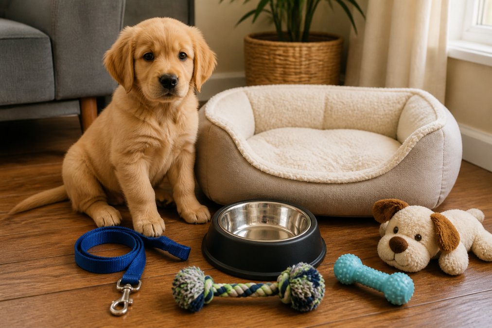 A young puppy sitting beside a neatly arranged collection of new puppy gear including a soft bed, food bowl, leash, and small toys on a hardwood floor, photographed in warm natural light