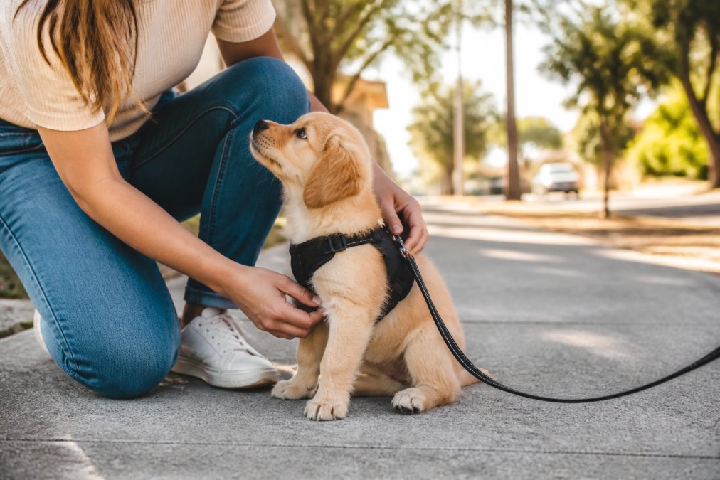 A person kneeling on a sunny sidewalk adjusting a well-fitted harness on a small puppy before a walk, with a leash clipped on and the puppy looking up attentively