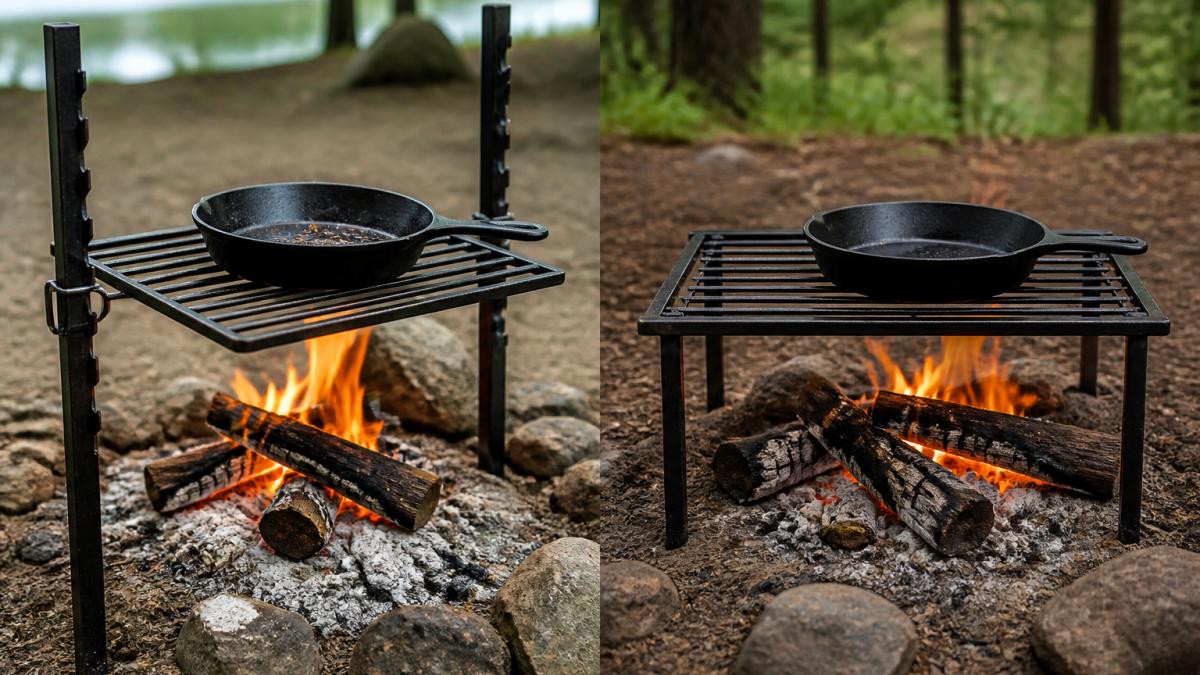 Adjustable carbon steel campfire grill grate over glowing coals with a cast iron skillet resting on top