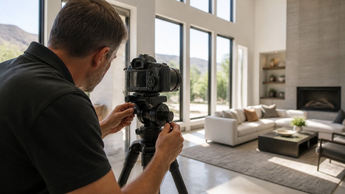 A professional photographer adjusting a geared tripod head with a full-frame camera mounted, shooting a bright modern living room with tall windows and straight vertical lines