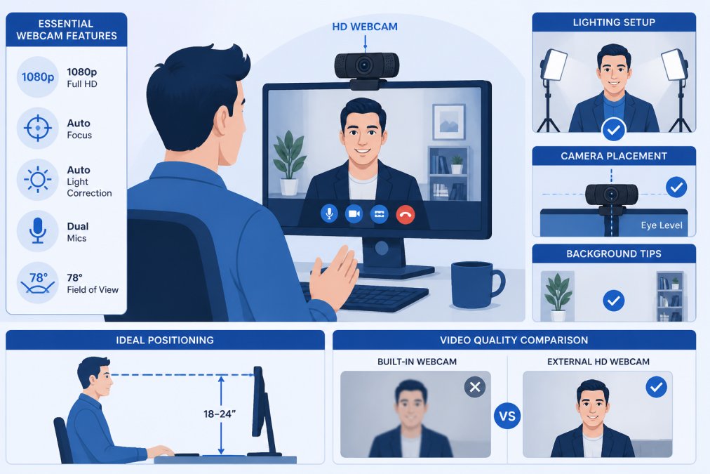 Professional demonstrating video call setup with external HD webcam mounted on monitor, proper lighting illuminating face during video call showing clear professional video quality with natural skin tones and sharp focus
